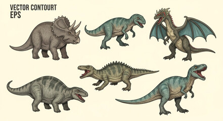 Collection of diverse dinosaur illustrations in vector art style. © su