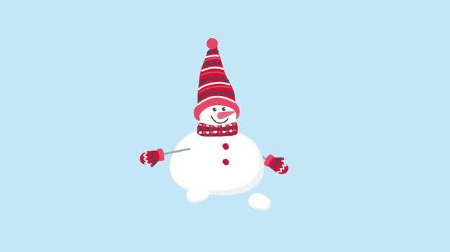 Happy Snowman is Having Fun. Christmas Animation. Funny Holiday Character in Red Hat, Scarf, Gloves. Loop Video in Red, White on Light Blue