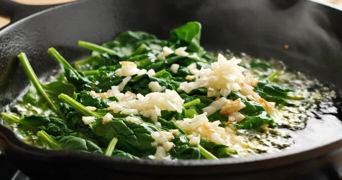 Fresh spinach and garlic being saut?ed in a cast iron skillet, showcasing vibrant cooking process
