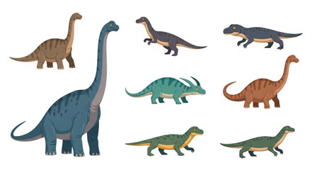 Collection of diverse cartoon dinosaurs in various poses. © su