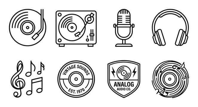 Music and audio icons with vinyl records turntable microphone headphones and notes.