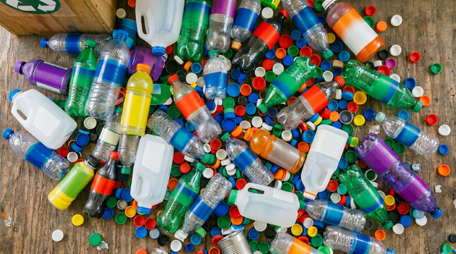 ​A top-down view of a colorful assortment of plastic bottles. This high-impact image serves as a powerful visual representation of plastic consumption, and the urgent need for recycling. 