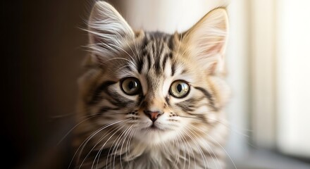 Fototapeta premium Close-up portrait of a curious tabby kitten with striking green eyes looking forward.