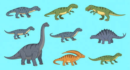 Collection of Nine Different Dinosaur Illustrations on Blue Background. © su