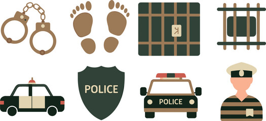 Crime and law enforcement icons featuring handcuffs footprints police cars jail and suspect © Mominul
