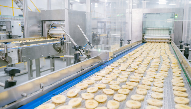 A production line of cookies on a conveyor belt in a factory setting.