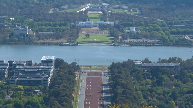 Panoramic view of Canberra city from Mount Ainslie featuring Anzac Parade and Parliament House.