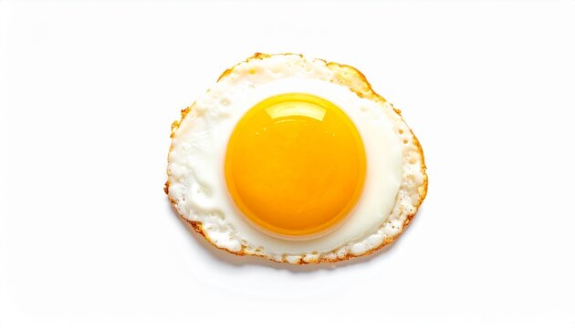 A single fried egg rests on a plain white background, its golden yolk glowing with glossy vibrance at the center. The egg white spreads outward with crisp, browned edges, contrasting against the smoot