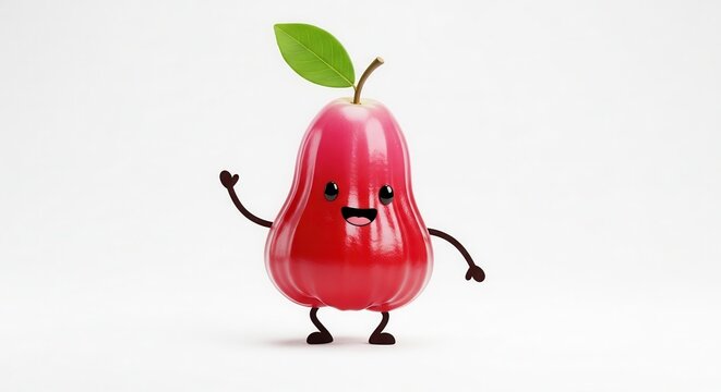 Charming glossy red tropical bell fruit character with a cheerful smile and welcoming gesture on a