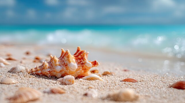 Golden conch shell on sunny beach, seaside tropical coastal scenery, fresh healing vacation travel background