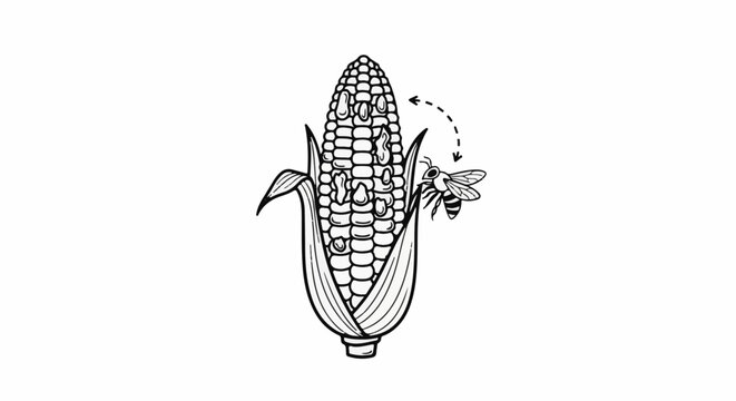 A bee approaches a corn cob, with dotted arrows indicating movement