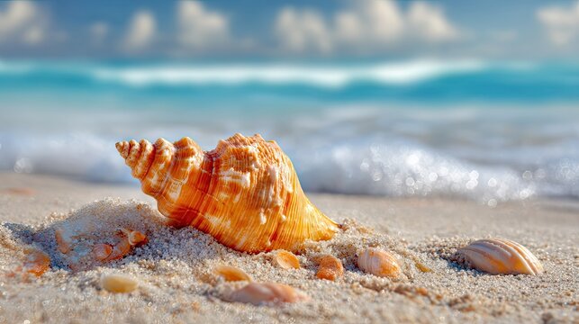 Golden conch shell on sunny beach, seaside tropical coastal scenery, fresh healing vacation travel background