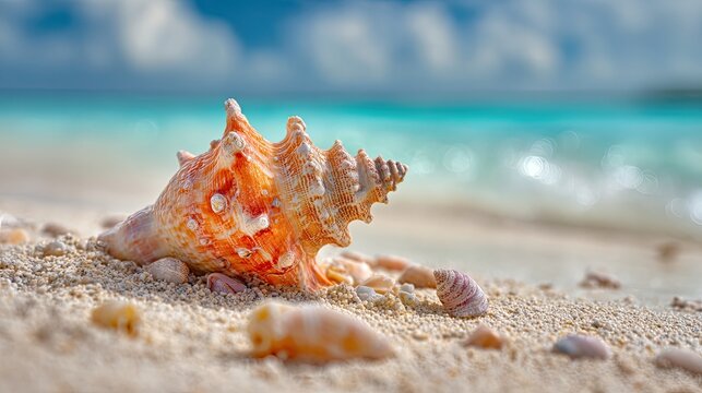 Golden conch shell on sunny beach, seaside tropical coastal scenery, fresh healing vacation travel background