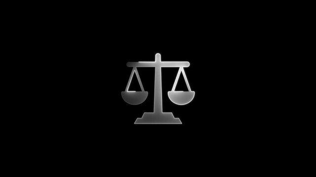 Glowing scales of justice animation, legal system and law concept motion court