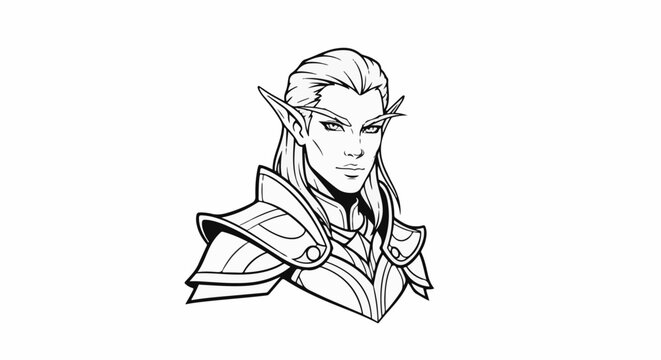 A black and white drawing of an elf warrior with pointed ears and armor