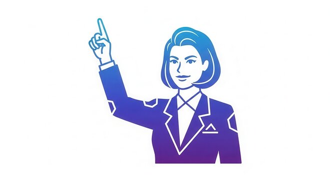 Vibrant gradient illustration of an assertive businesswoman pointing skyward, conveying guidance