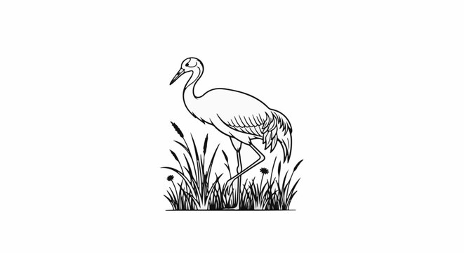A black and white illustration of a graceful crane standing amidst reeds and small flowers