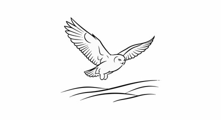Obraz premium A black and white line drawing of a snowy owl in flight over wavy lines