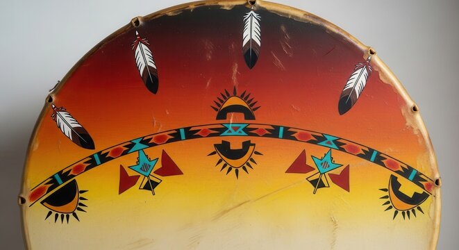 Vibrantly painted indigenous drum head showcasing symbolic feathers and spiritual designs