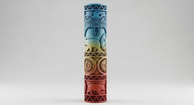 Intricately carved tribal-inspired art pillar with symbolic animal and geometric patterns