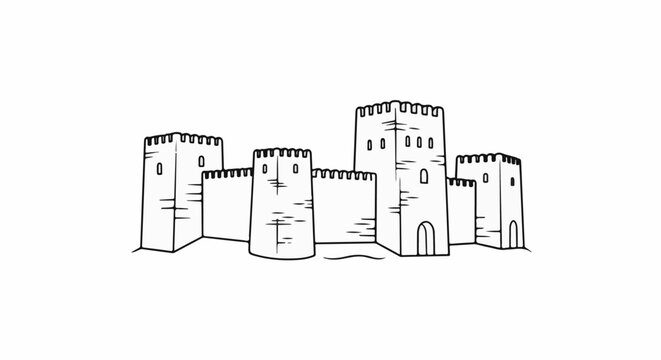 A black and white line drawing depicts a medieval fortress with multiple towers