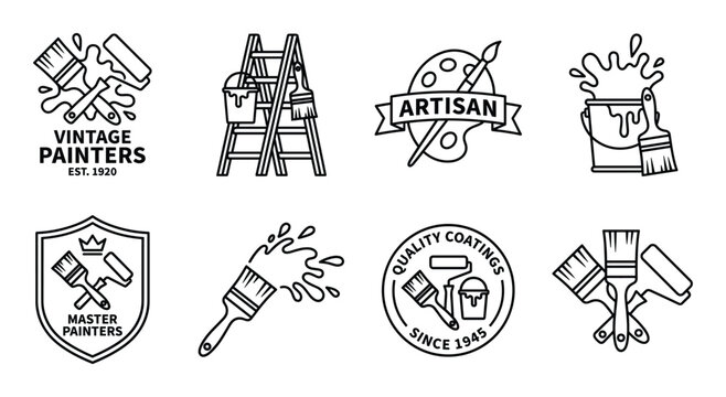 Painting and art tools icons with splashes and text for painters on transparent background.