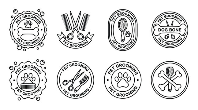 Pet grooming symbols with scissors comb paw print bone and brush.