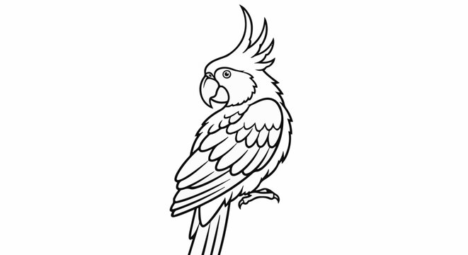 A black and white line drawing of a cockatoo with a distinctive crest