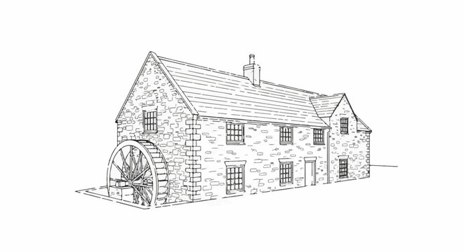 A detailed sketch of a historic stone water mill with a large wheel