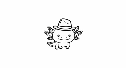 Fototapeta premium A cute black and white drawing of an axolotl wearing a hat