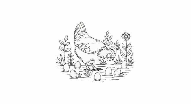 A chicken stands amongst eggs and plants in a line drawing