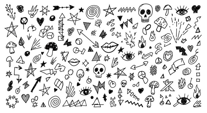 A set of hand drawn elements doodle featuring various icons and symbols.