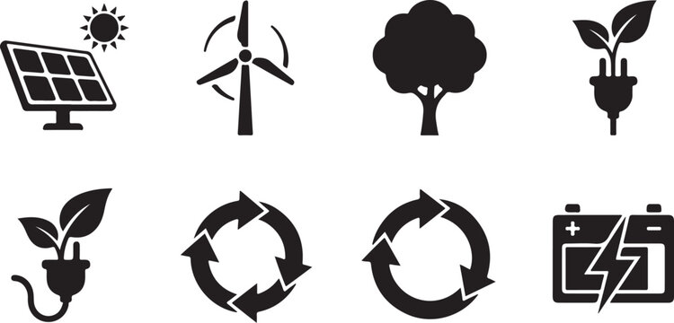 Collection of renewable energy symbols during daytime Vector Silhouette Isolated on white background