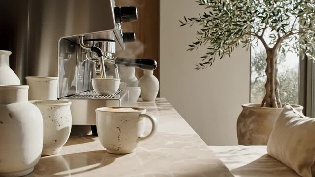 Serene Kitchen Corner with Decorous Ceramic Vases and Green Foliage Sunlit Inspired by Minimalist Aesthetic