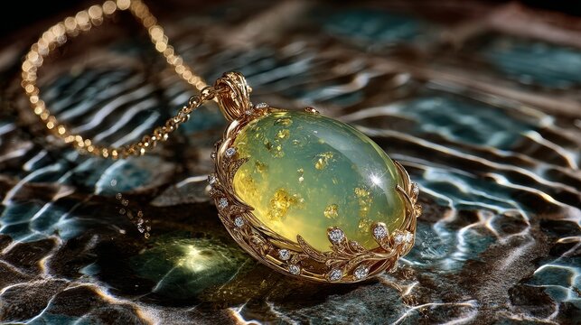 Haute joaillerie pendant with natural fire opal in organic matrix, flowing yellow gold with ripple patterns, white diamond accents, soft luminous lighting, refined Italian engraving craftsmanship