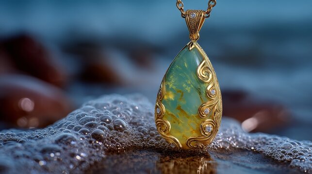 Haute joaillerie pendant with natural fire opal in organic matrix, flowing yellow gold with ripple patterns, white diamond accents, soft luminous lighting, refined Italian engraving craftsmanship