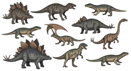 Collection of diverse dinosaur species illustration. © su