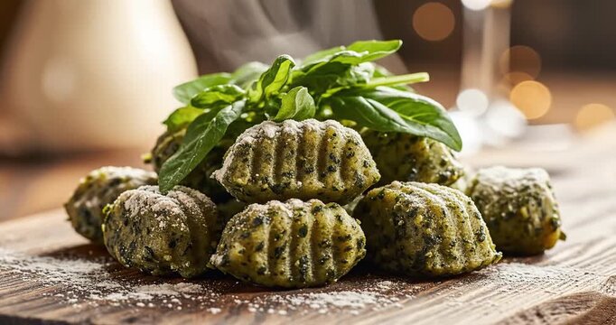 Freshly made green gnocchi topped with basil on a rustic wooden board in a cozy restaurant