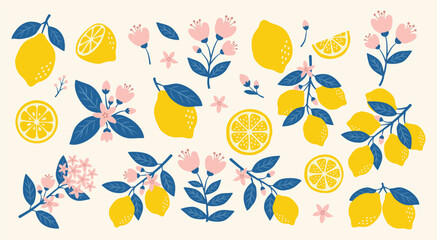Naklejka premium Hand drawn lemon citrus fruits with blue leaves and pink flowers. Italian Amalfi Summer style. Mediterranean botanical design for pattern, poster, card, cover. 