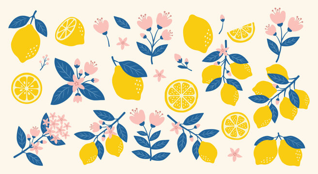 Hand drawn lemon citrus fruits with blue leaves and pink flowers. Italian Amalfi Summer style. Mediterranean botanical design for pattern, poster, card, cover. 