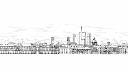 Fototapeta premium A detailed ink sketch depicts a cityscape with varied architecture under a cloudy sky