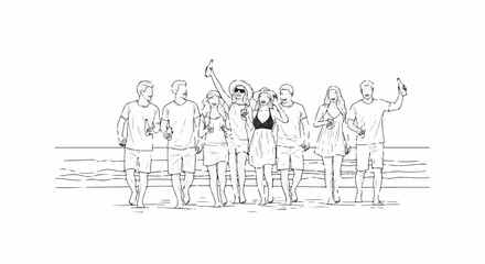 Obraz premium A group of friends in casual summer clothes walk along a wavy shoreline