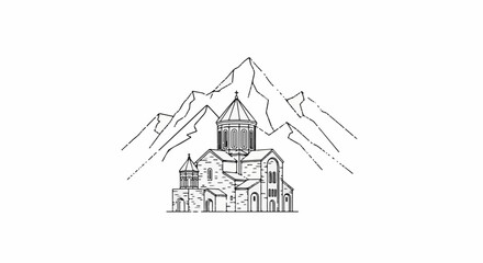 Naklejka premium A line drawing of a stone church with multiple domes against a mountain backdrop