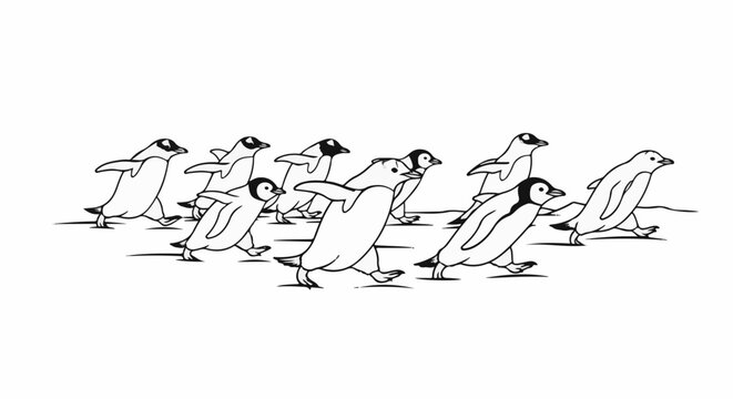 A line of penguins walking across a flat surface