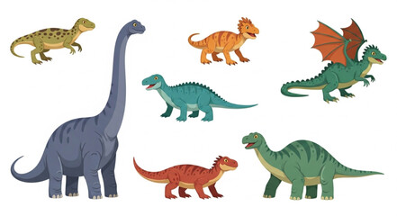 Collection of various cartoon dinosaurs in different poses and colors. © su