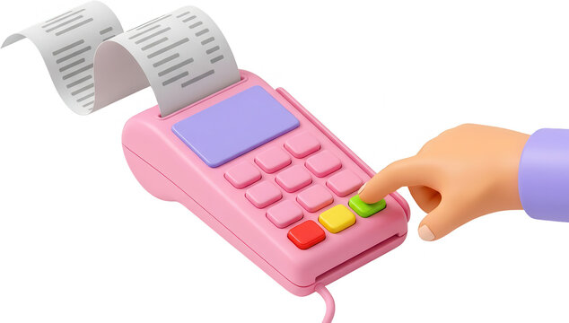 A cartoon hand presses a green button on a pink point of sale terminal with a long receipt paper protruding from the top POS terminal payment machine cash register credit card machine