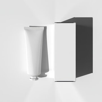 White cosmetic tube and packaging box mock-up isolated on white background.