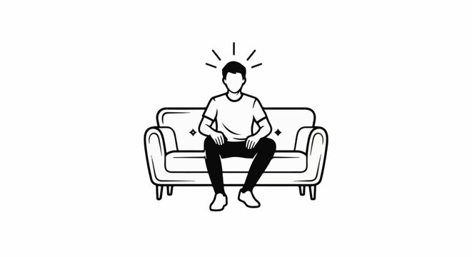 A man sits on a couch with radiating lines above his head