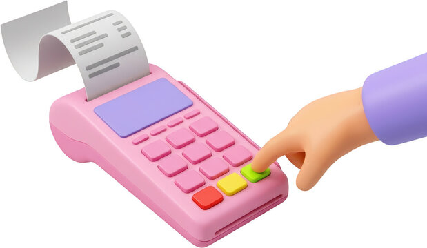 A pink credit card payment terminal with a paper receipt extending from the top and a cartoon hand pressing a green button credit card machine pos machine point of sale transaction