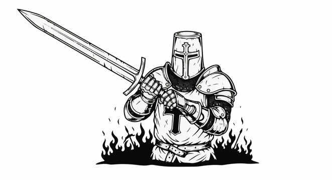 A medieval warrior in full armor stands in flames, holding a sword